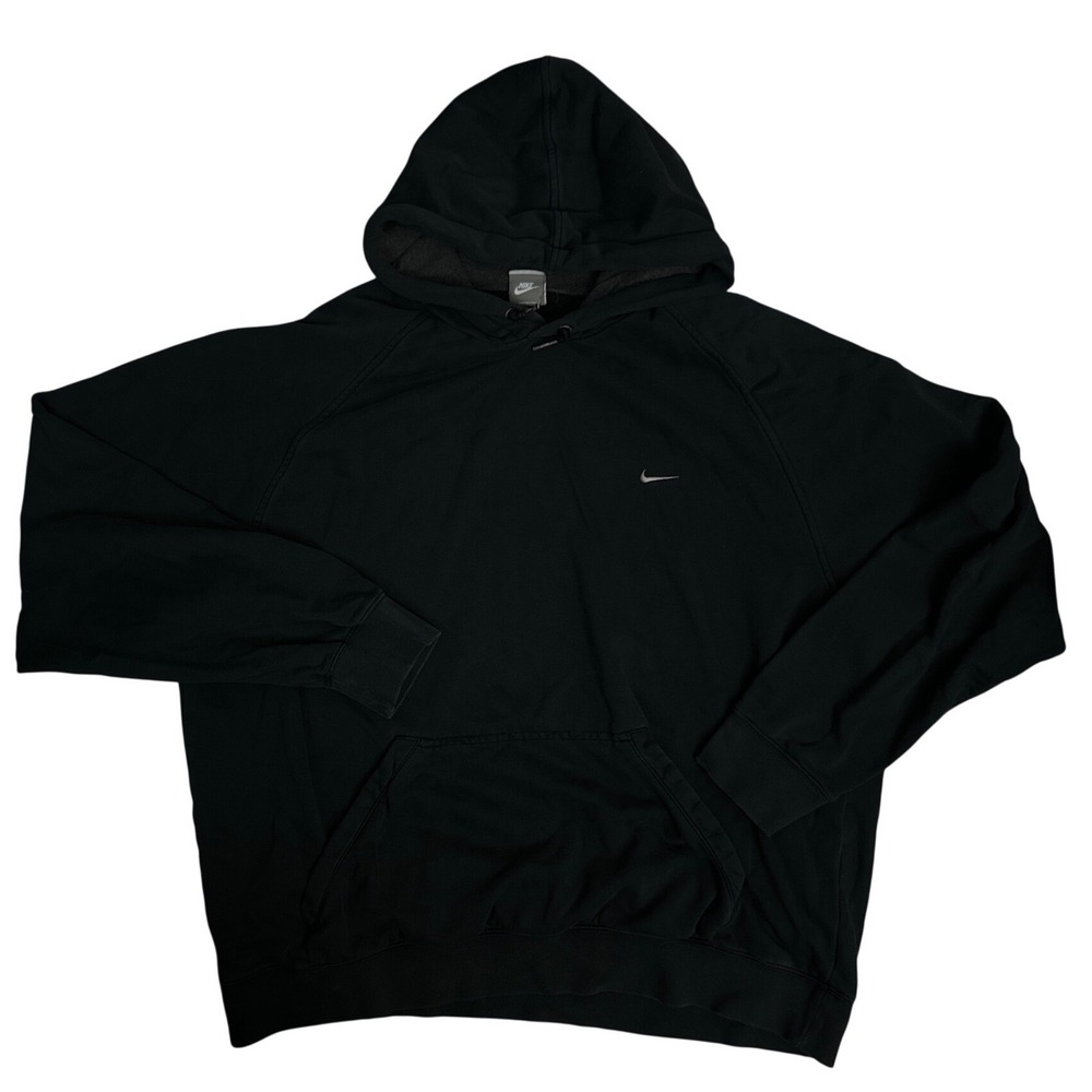 Nike Mens XXL Black Pullover Hoodie Embroidered Silver Swoosh Raglan Sweatshirt